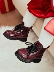 Cozy Pixies 人造皮革舒适休闲婴儿靴，时尚系带亮面女童短靴 - 酒紅色 - 查看 4