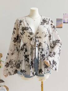 Soleia 大码女式前开花卉印花针织网眼束腰荷叶边上衣，喇叭袖，复古度假风格