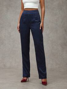 SHEIN BAE Pantalones de tiro alto a la cintura y con estampado de rayas para mujer, de uso informal y práctico