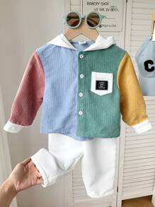 SHEIN 2pcs Set Baby Boy Colorful Monotone Contrast Color Hooded Loose Drop Shoulder Lightweight Jacket Top & White Long Pants Casual Outfit, Soft Corduroy Fabric Suitable For Daily Wear, Indoor, School, Travel