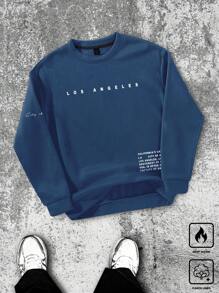 Manfinity Hypemode 男士休闲标语印花圆领羊毛运动衫，秋冬 - 藍色 - 查看 1