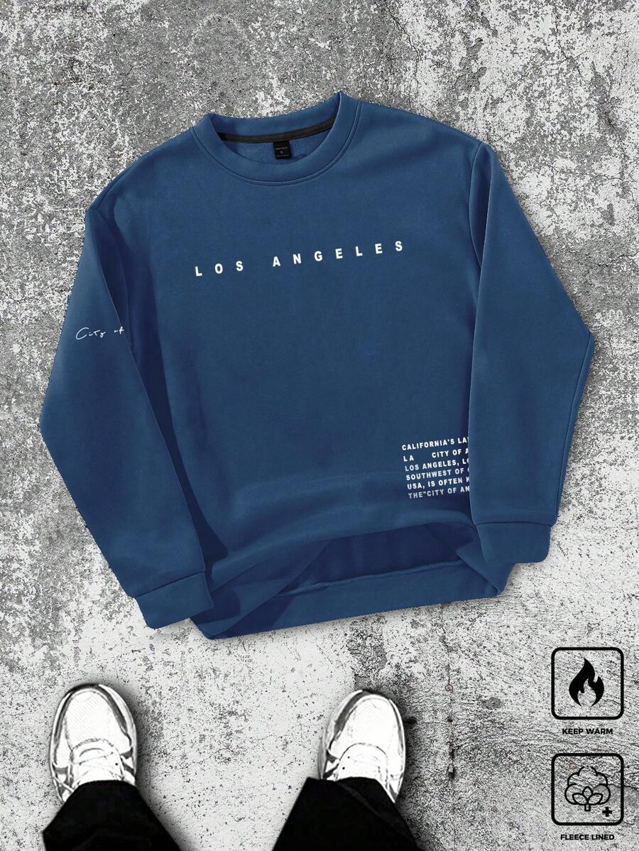 Manfinity Hypemode 男士休闲标语印花圆领羊毛运动衫，秋冬 - 藍色 - 查看 1