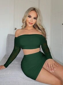 SHEIN SXY Áo crop top hở vai nhún bèo cho nữ & chân váy bó sát - Màu xanh lá cây đậm - Xem 1