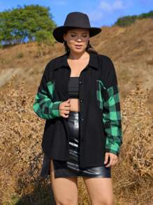 SHEIN Cottnline Plus Plaid Print Drop Shoulder Pocket Patched Jacket - Black - View 4