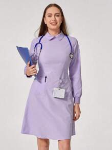 TaskEZ Solid Color Long Sleeve Pocket Casual Uniform Nurse Dress