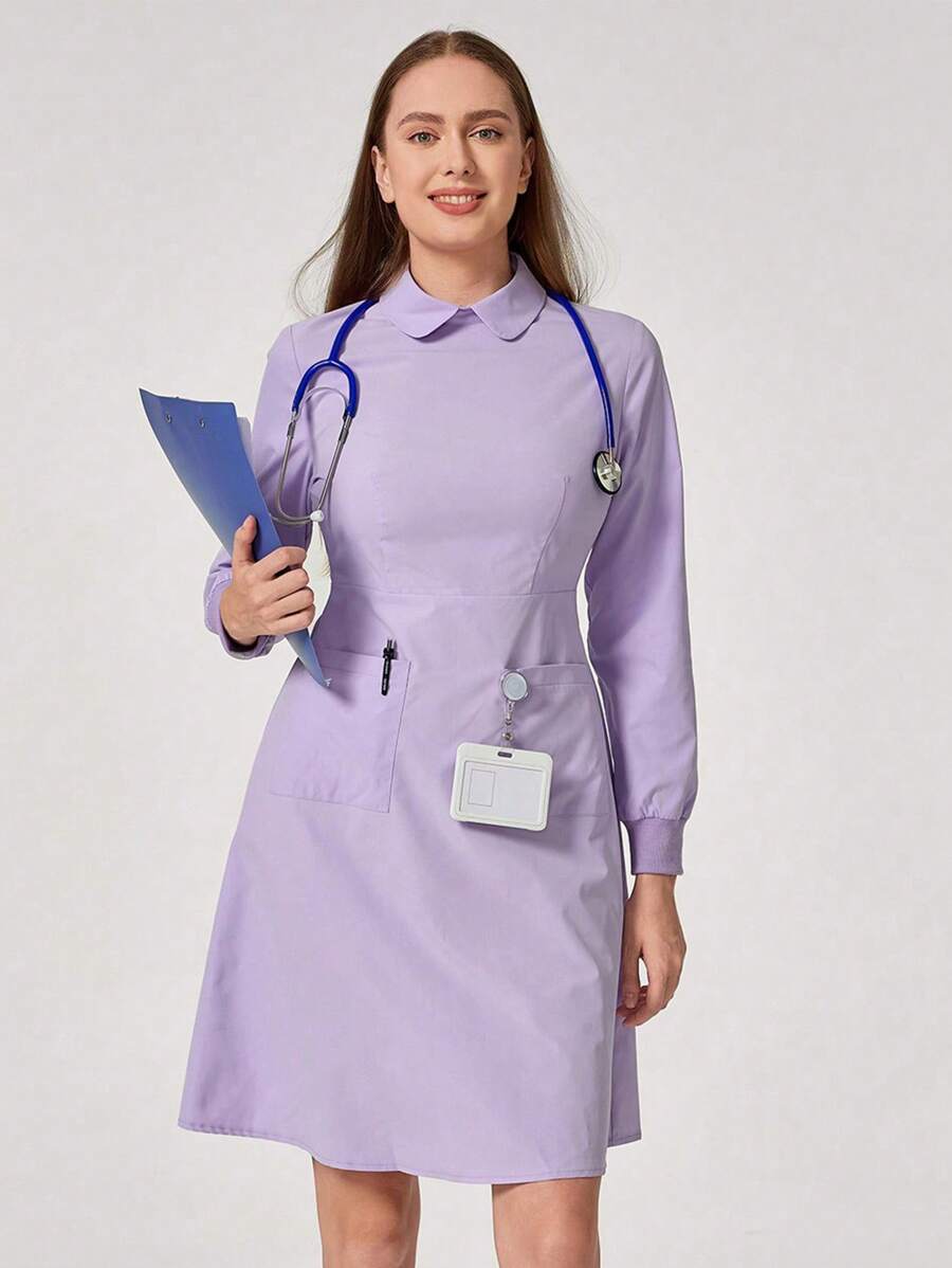 TaskEZ Solid Color Long Sleeve Pocket Casual Uniform Nurse Dress