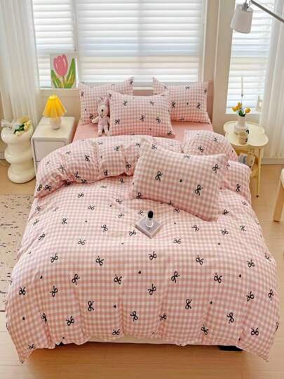 3件套加厚涤纶简约格子条纹印花床上用品套件（1个羽绒被套，2个枕套，不含填充物）