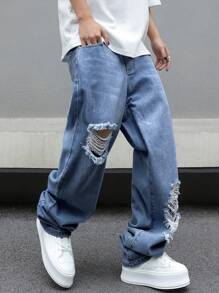 Manfinity EMRG Men's Casual Distressed Loose Jeans, Men Ripped Jeans, Baggy Jeans, Men Loose Fit Jeans - Medium Wash - View 7