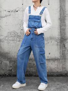 Manfinity Hypemode 男士纯色口袋休闲无袖牛仔工装裤 - 藍色 - 查看 5