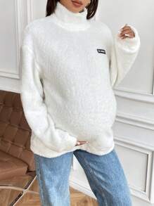 SHEIN Sudadera deportiva casual de maternidad de manga larga con cuello alto y decoración esponjosa de etiqueta, para invierno