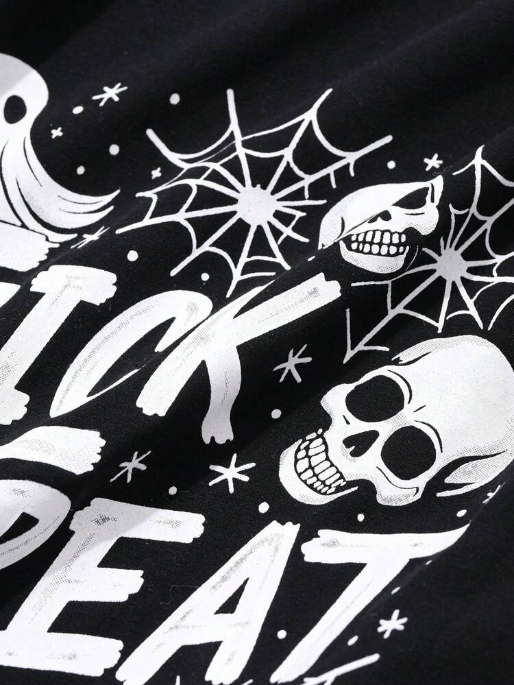 Women Halloween Casual Skull & Letter Print Knit Crew Neck T-Shirt, Autumn Oversized T-Shirt,Graphic Tees