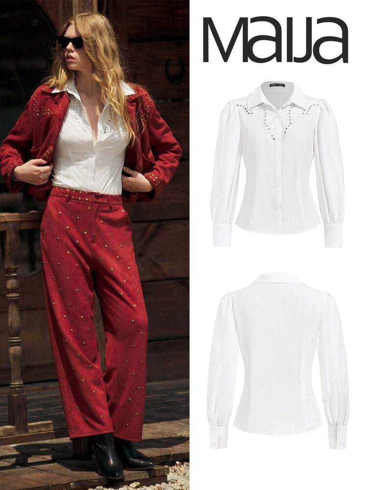 SHEIN Maija Women's Casual White Button-Up Bubble Long Sleeve Shirt, Autumn