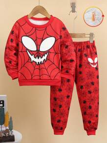 SHEIN 2pcs Young Boy Red Spider Cartoon Print Fleece Sweatshirt And Elastic Waist Pants Set, Suitable For Autumn/Winter - Red - View 7