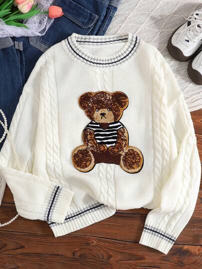 SHEIN 青少年女孩圆领宽松针织休闲可爱熊图案拼布粗针织纹理套头毛衣上衣