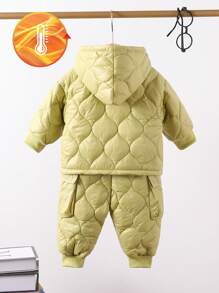 SHEIN Conjunto de 2 piezas de niño bebé nuevo, ropa térmica forrada para otoño e invierno, con sudadera con capucha de moda y pantalones de chándal gruesos, cómodos y elegantes para uso casual, deportivo y al aire libre - Azul - Ver 2