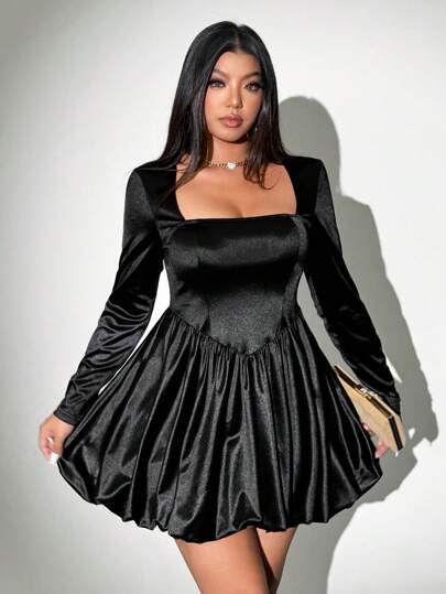 Viva Relle 1 件大码女式纯色方领荷叶边下摆收腰连衣裙