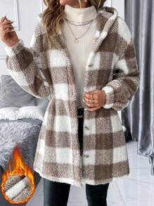 SHEIN Clasi Plaid Teddy Boucle Cinched Waist Women Regular Jacket In Fall/Winter - Multicolor - View 1