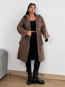 Flirla Casual Retro Workwear Jacket, Loose Fit Plus Size Mid-Length With Waist Drawstring - Brown - View 4