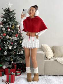 Lunelith SHEIN Lunessa Christmas Casual Solid Color Hooded Cropped Poncho Sweater