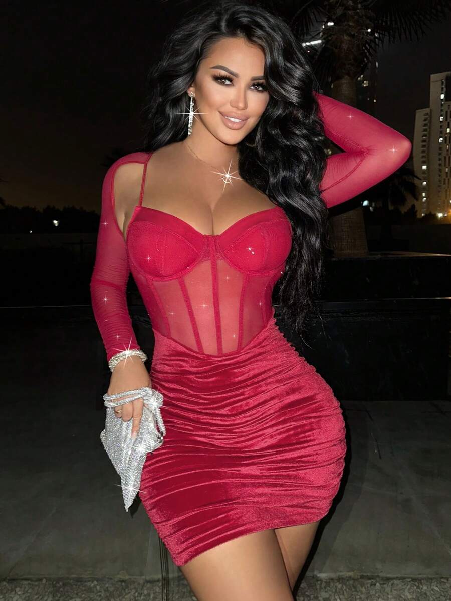 Zolique 秋冬装钢圈塑身修身性感缩褶紧身闪光网纱红色女士连衣裙新年衣服 - 紅色 - 查看 1