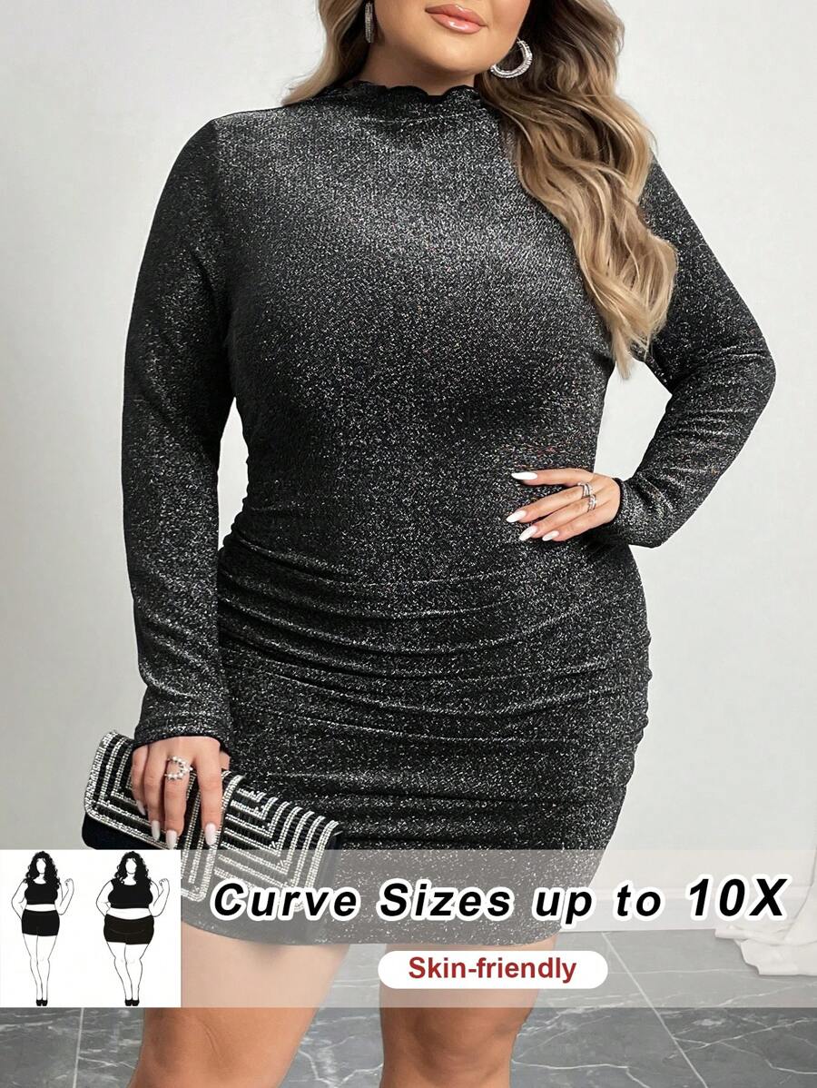 SHEIN CURVE+ Vestido de moda ceñido de manga larga con cuello de volantes, estampado floral brillante, para mujer de talla grande
