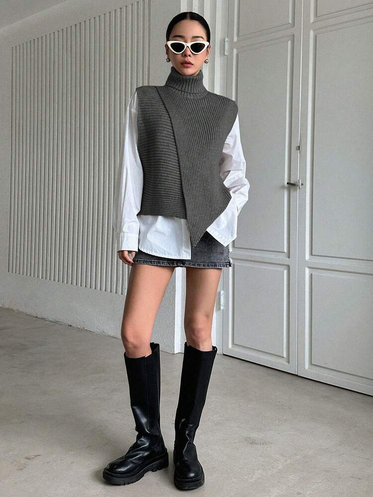 Women Asymmetric Hem Solid Color High Neck Sleeveless Knit Vest,Fall Clothes
