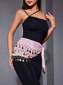 SHEIN SXY 1條女士SXY流蘇腰帶，閃閃發光的金屬飾品，適合度假 - 粉色 - 查看 2