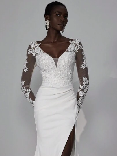 Elitara Elegant Luxurious Lace Crochet Splice Ruched Slit Fishtail V-Neck Backless Tie Sleeve See-Through Dress, Suitable For Wedding, Party, Holiday, White Long Sleeve Bridal Dress