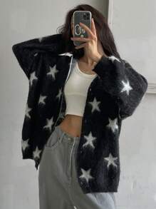 DAZY 女士星星提花针织开衫，带帽领和长袖，Y2K，秋季女装 - 黑色 - 查看 2