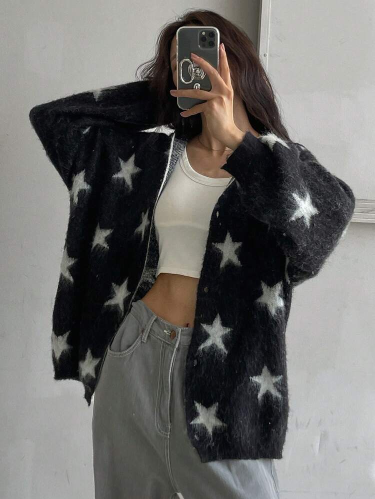 Women Star Jacquard Knit Cardigan, With Hooded Collar And Long Sleeve Y2k,Fall Women Clothes