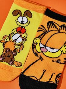 GARFIELD X SHEIN 2 Pairs Cute Colorblock Cartoon Pattern Kids Short Cotton Socks