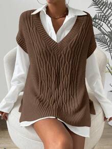 Xyvia Women's Solid Color V-Neck Short Sleeve Simple Knit Vest, Casual Daily Wear - Brown - View 3