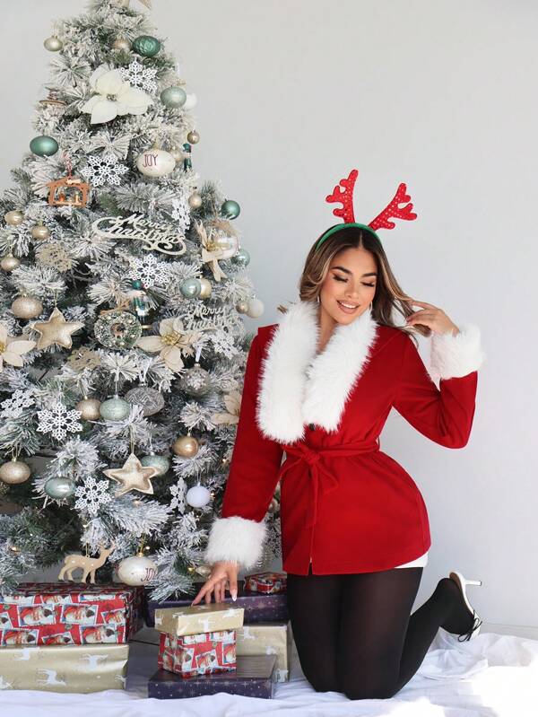 SHEIN SXY Abrigo de mujer de Invierno navideño, cálido, grueso, con ribete de piel sintética contrastante, ropa para regalo