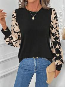 SHEIN LUNE 圆领泡泡袖灯笼袖拼色花卉印花休闲通勤优雅女士衬衫，秋冬女士长袖上衣女士衬衫长袖 - 黑色 - 查看 4