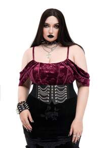 Whyspr 深色朋克哥特风格天鹅绒压花圣诞派对紧身衣 - 酒紅色 - 查看 5