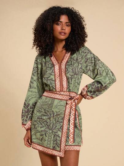 Travachic Vestido de camisa de manga comprida com estampa de tecido de férias, decote em V, boho casual feminino, praia, vestido com estampa de coqueiro tropical, vestido de manga comprida