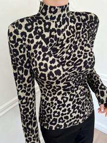 DAZY Women's Autumn High Collar Leopard Print Ruched Fitted T-Shirt Cheetah Print Long Sleeve Women Tops,Fall Women Clothes - Brown - View 4