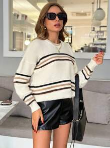 SHEIN Damski sweter w paski z okrągłym dekoltem i długimi rękawami, swobodny, jesień i zima