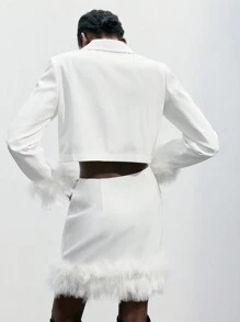 SHEIN Maija Modische weiße flauschige Patchwork Kurzblazer, elegante und lässige Oberbekleidung für Damen, Herbst/Winter - Weiss - Übersicht 2