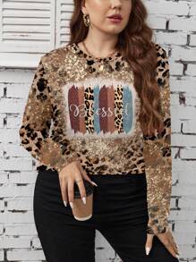 SHEIN LUNE Plus Size Minimalistyczny T-shirt z długim rękawem i nadrukiem Allover, swobodny na wiosnę i jesień