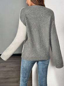SHEIN Unity Women Color Block Round Neck Rib Knit Thick Warm Pullover Sweater Knit Pullover Fall Winter - Grey - View 2