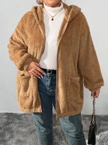 SHEIN CURVE+ Autumn And Winter Warm Plush Hoodie Cute Bear Ears Large Plush Jacket Coat Christmas Fall