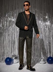 Manfinity VCAY 2pcs Men's Fashion Casual Loose Long Sleeve Open Front Blazer And Suit Pants Set, Christmas - Black - View 4