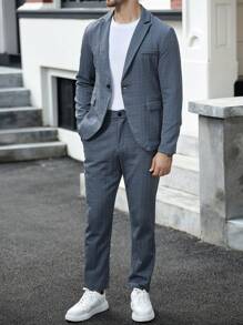 Manfinity Mode Men's Solid Color Single-Breasted Long Sleeve Suit Jacket And Pocket Suit Pants Business Suit Set - Grey - View 5