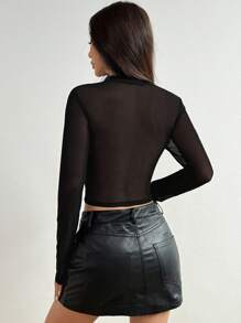 SHEIN Unity Women Solid Color Round Neck Long Sleeve Cross Splicing Mesh Slim Cropped T-Shirt Fall Cloth For Women - Black - View 2