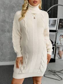 SHEIN Turtleneck Cable Knit Maternity Long Sweater Top, For Winter - White - View 3