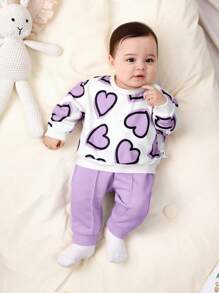 SHEIN Newborn Baby Girl Cute Heart Pattern Sweatshirt & Solid Color Elastic Waist Pants Set, Autumn/Winter - Purple - View 3