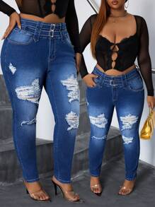 Slaydiva Plus Size Elastic Denim Skinny Ripped Jeggings - Dark Wash - View 3