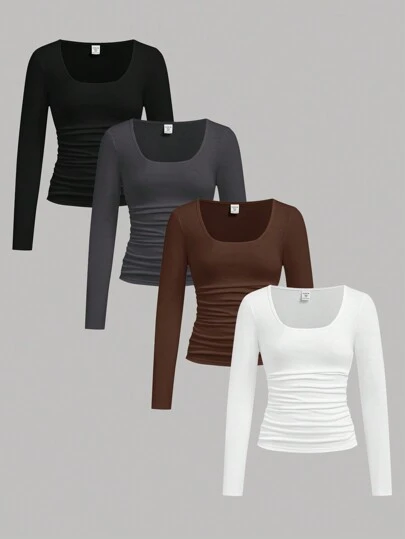 SHEIN Girlism 4pcs/Set Tween Girl's Casual Solid Color Crew Neck Long Sleeve T-Shirts, Multipack