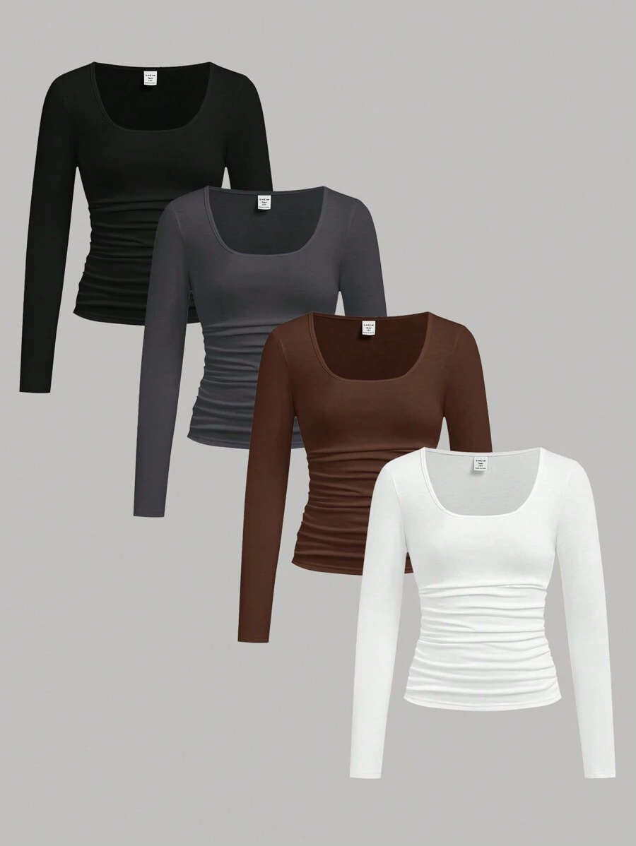 SHEIN Girlism Áo thun dài tay cổ tròn màu trơn thường ngày cho bé gái tuổi mới lớn, nhiều gói - Nhiều màu - Xem 1